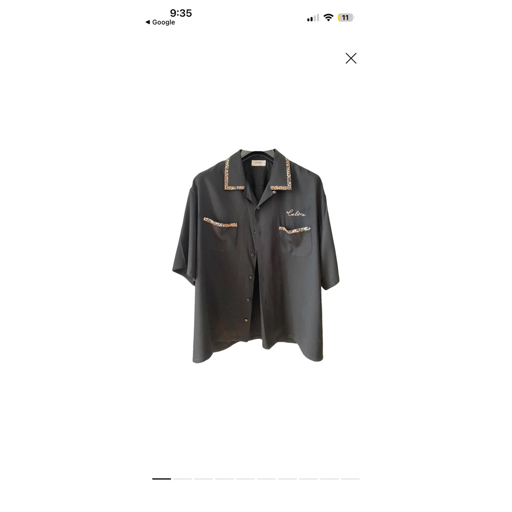 Celine‎ Paris Leopard Trim Bowling Shirt Black Short Sleeve Logo Embroidered 40